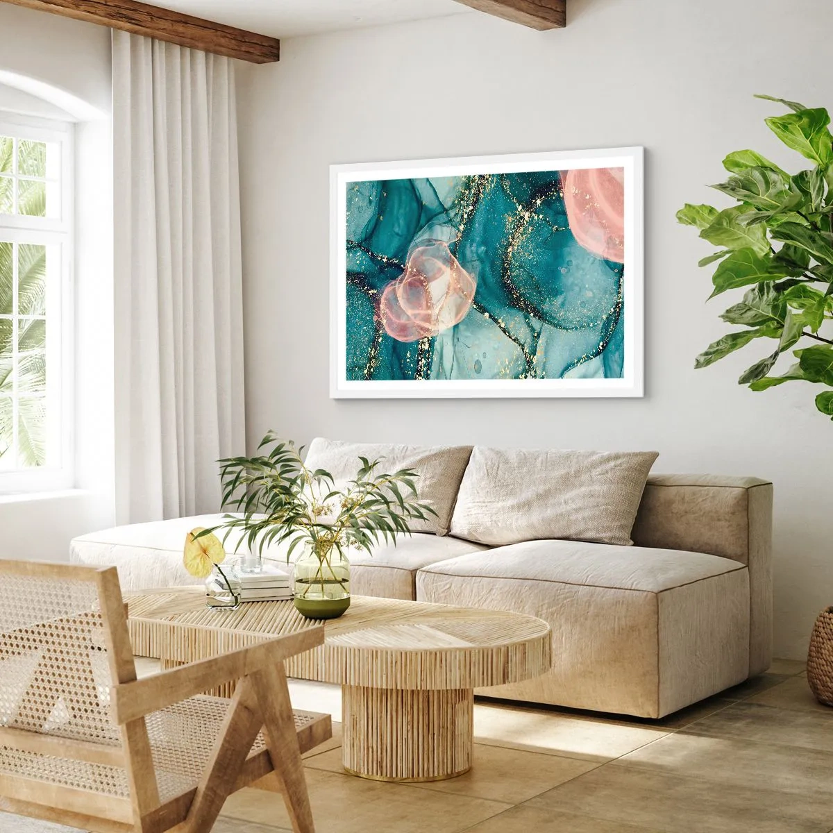 Affiche dans un cadre blanc - Poster - Soie bleu, tulle rose - 91x61 cm