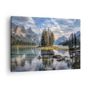 Impression sur toile - Image sur toile - Un paysage de montagne avec une île entourée d'un lac calme - 70x50cm - Sous les grandes eaux claires - Décoration murale moderne pour le salon et la chambre ARTTOR