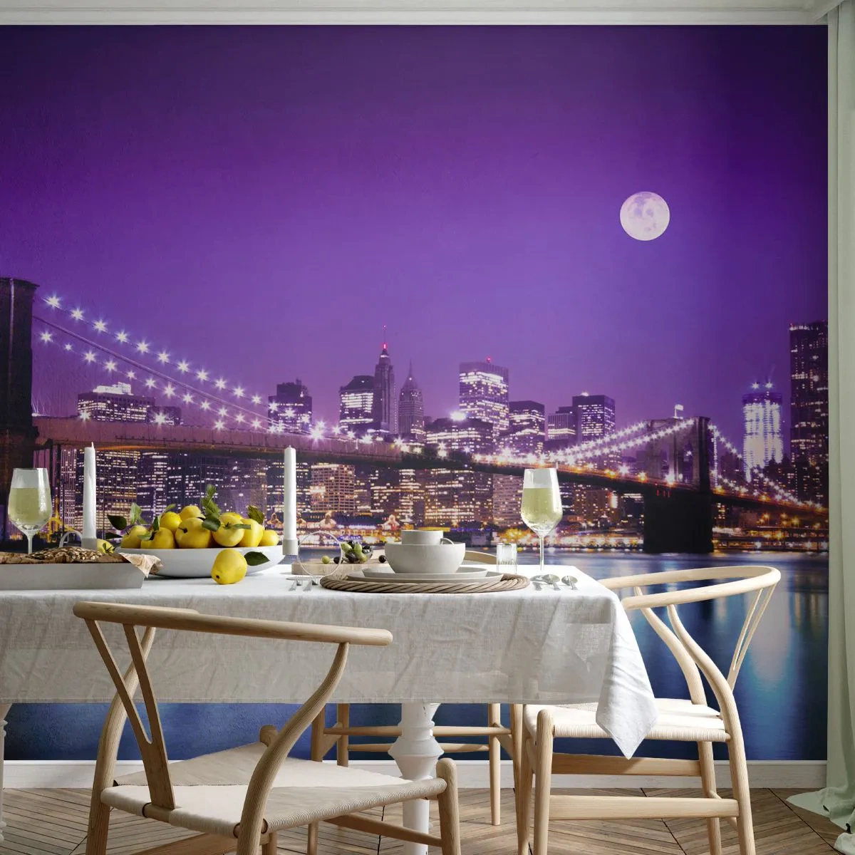 Papier Peint Photo Premium Sand - Le pont de Brooklyn et la skyline de New York la nuit - 100x70cm - Lumières de grande ville en violet - Décoration murale moderne pour le salon et la chambre ARTTOR