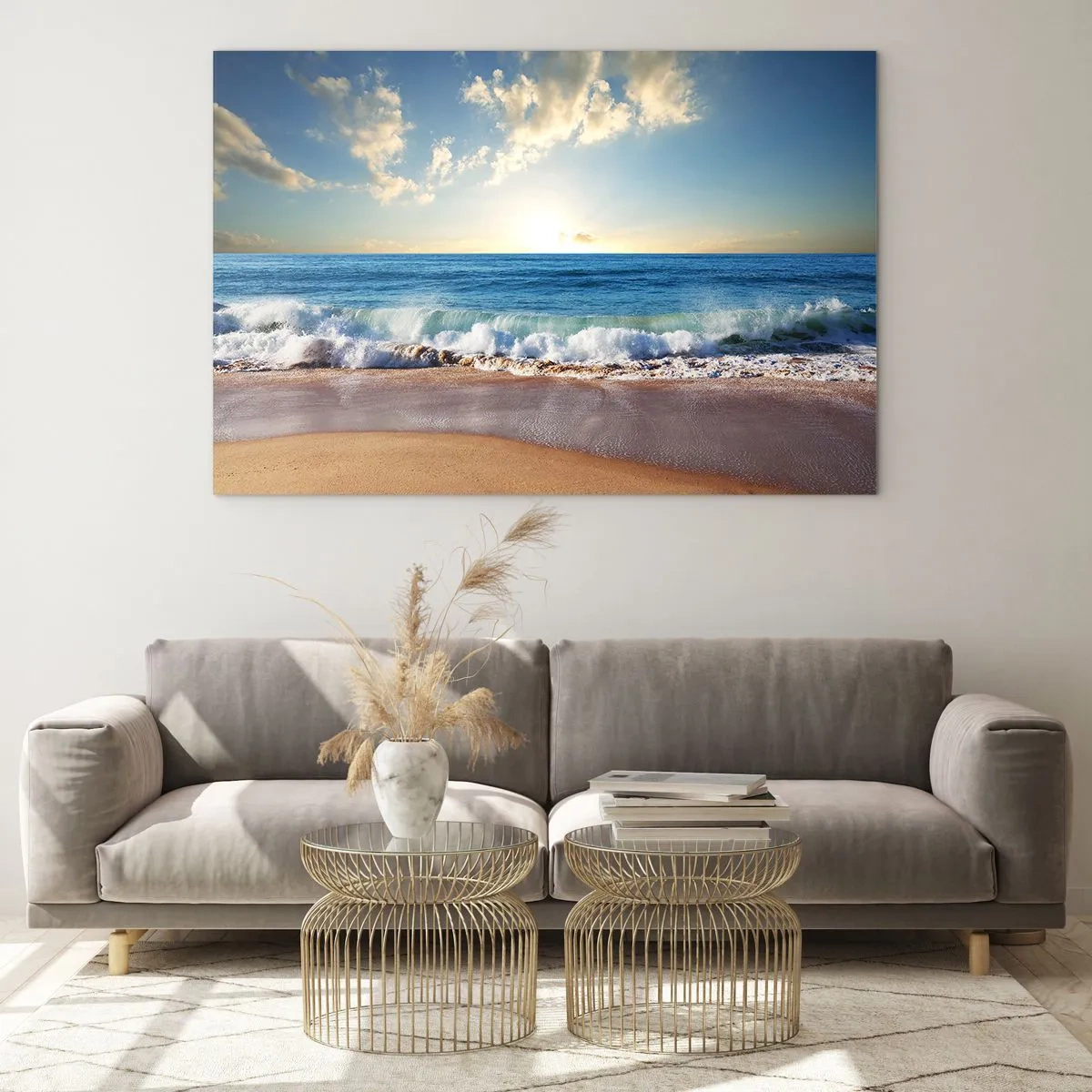 Impression sur verre - Image sur verre - Vagues de l'océan s'écrasant sur une plage dorée au lever du soleil - 70x50cm - Mouvement et immobilité à la fois - Décoration murale moderne pour le salon et la chambre ARTTOR