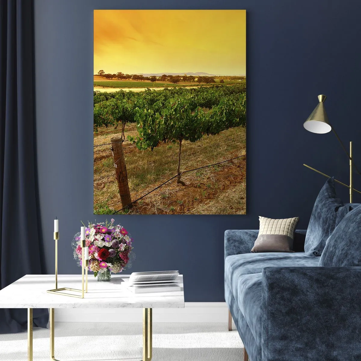 Impression sur verre - Image sur verre - Vignes dans une plantation au coucher du soleil doré - 80x120cm - S'abreuver du soleil - Décoration murale moderne pour le salon et la chambre ARTTOR