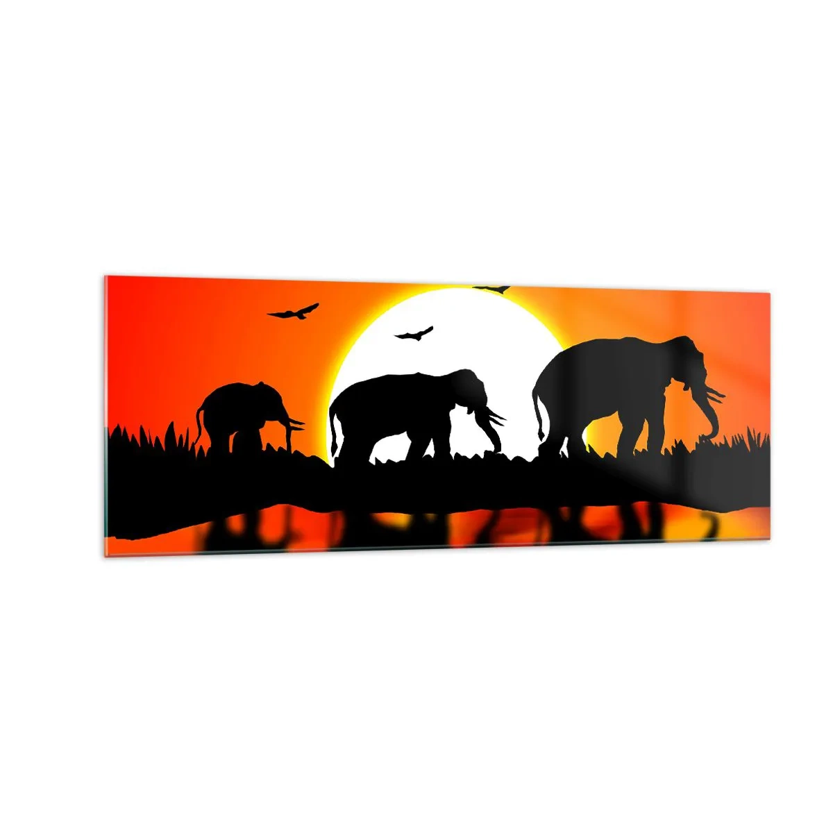 Impression sur verre - Image sur verre - Silhouettes d'éléphants au coucher du soleil sur l'eau avec reflet - 140x50cm - Et le soir pour un petit verre - Décoration murale moderne pour le salon et la chambre ARTTOR