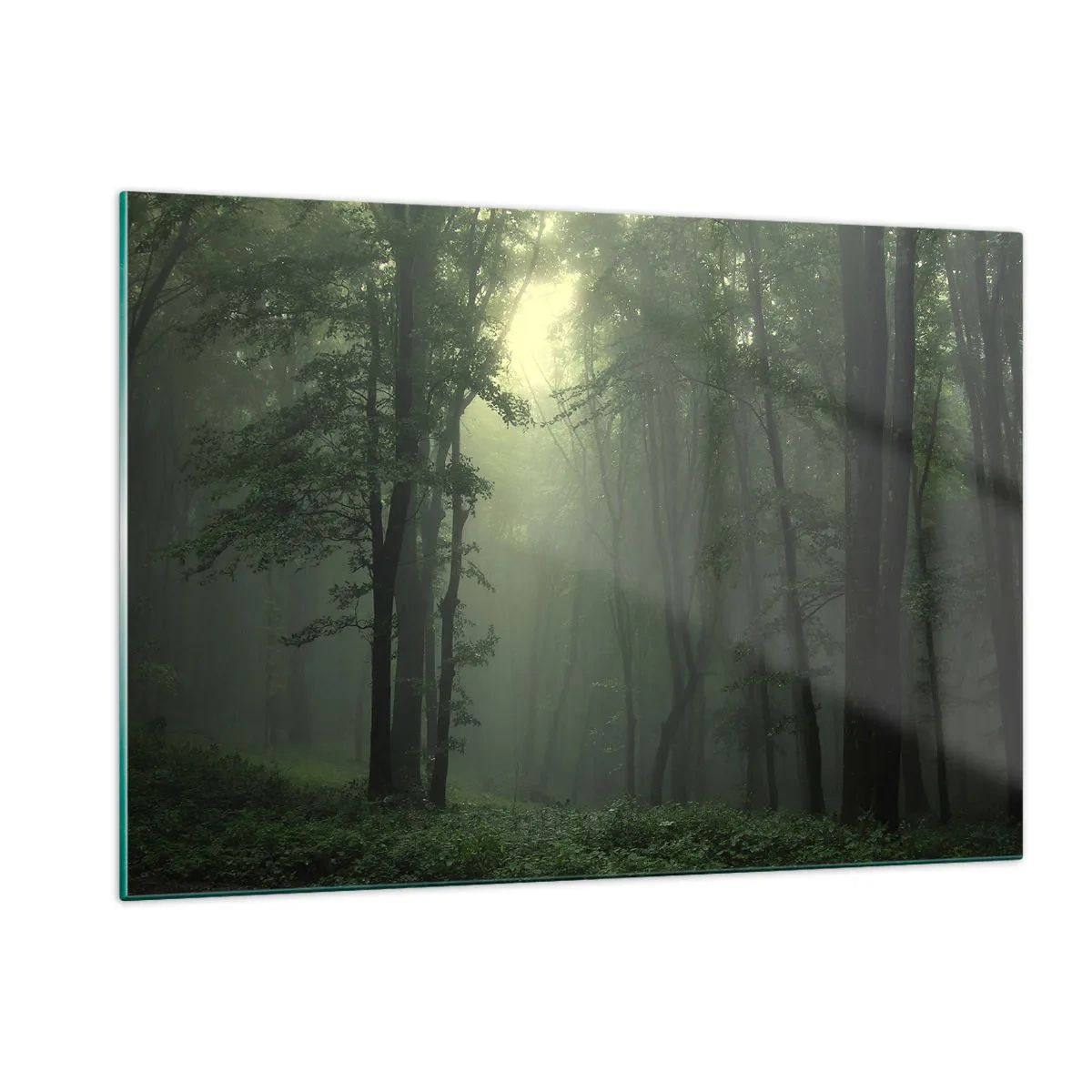 Impression sur verre - Image sur verre - Une forêt sombre enveloppée de brouillard avec des rayons de lumière - 120x80cm - Avant qu'il ne se réveille - Décoration murale moderne pour le salon et la chambre ARTTOR