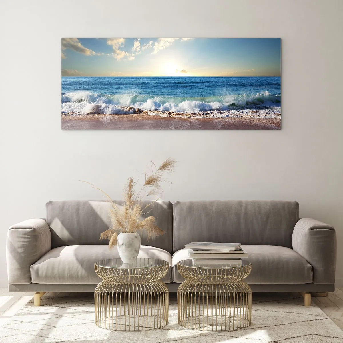 Impression sur verre - Image sur verre - Une plage ensoleillée avec des vagues s'écrasant sur le rivage - 120x50cm - Mouvement et immobilité à la fois - Décoration murale moderne pour le salon et la chambre ARTTOR