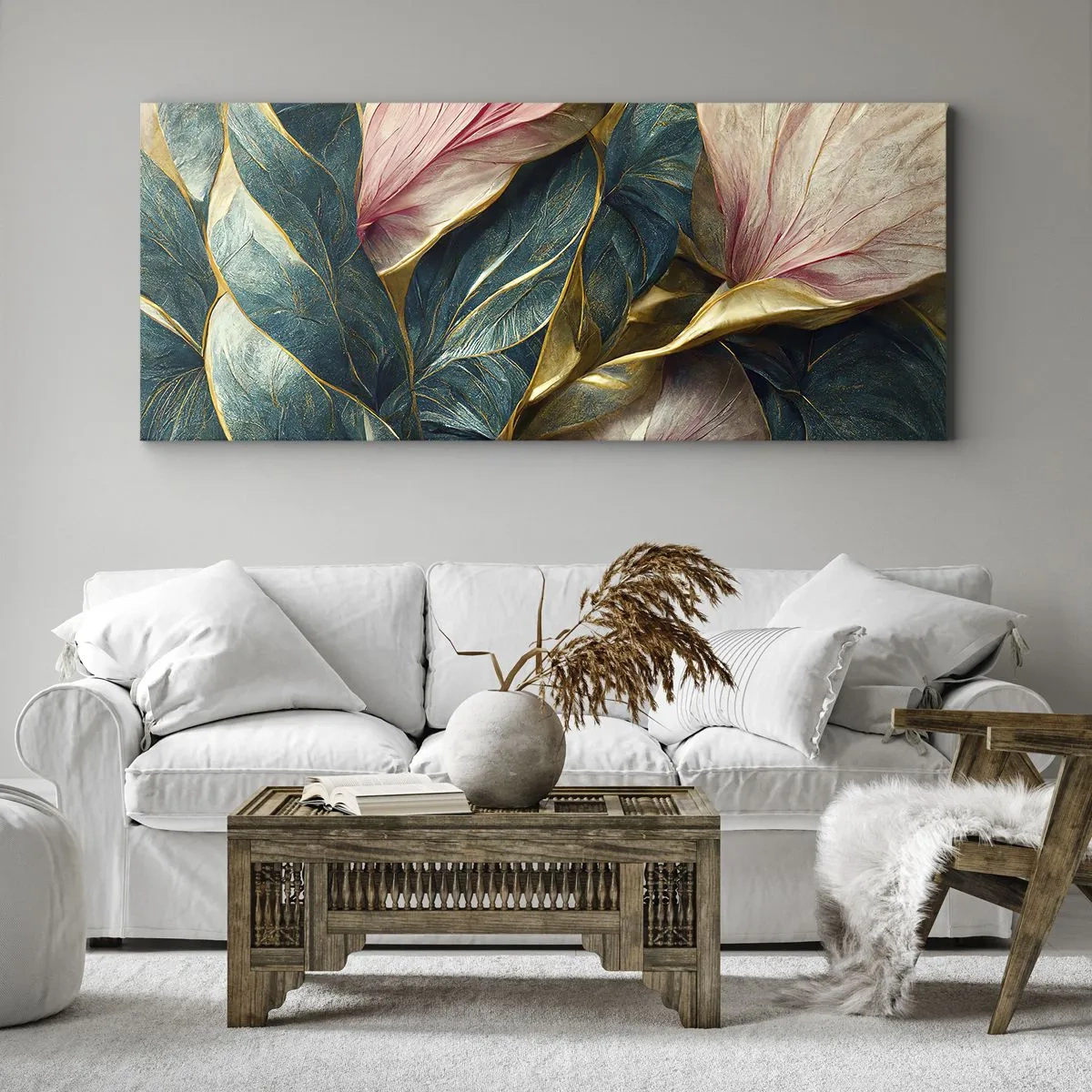 Impression sur toile - Image sur toile - Feuilles élégantes en vert, or et rose - 120x50cm - Élégance et style naturels - Décoration murale moderne pour le salon et la chambre ARTTOR