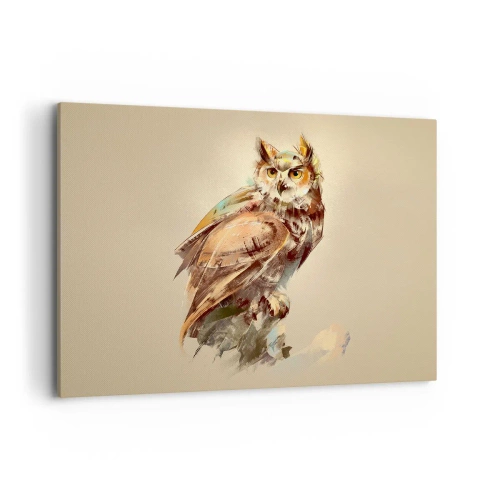 Impression sur toile - Image sur toile - Portrait artistique d'un hibou sur un fond clair dans des tons chauds. - 100x70cm - Le hibou le plus intelligent - confirmera la forêt de chênes - Décoration murale moderne pour le salon et la chambre ARTTOR
