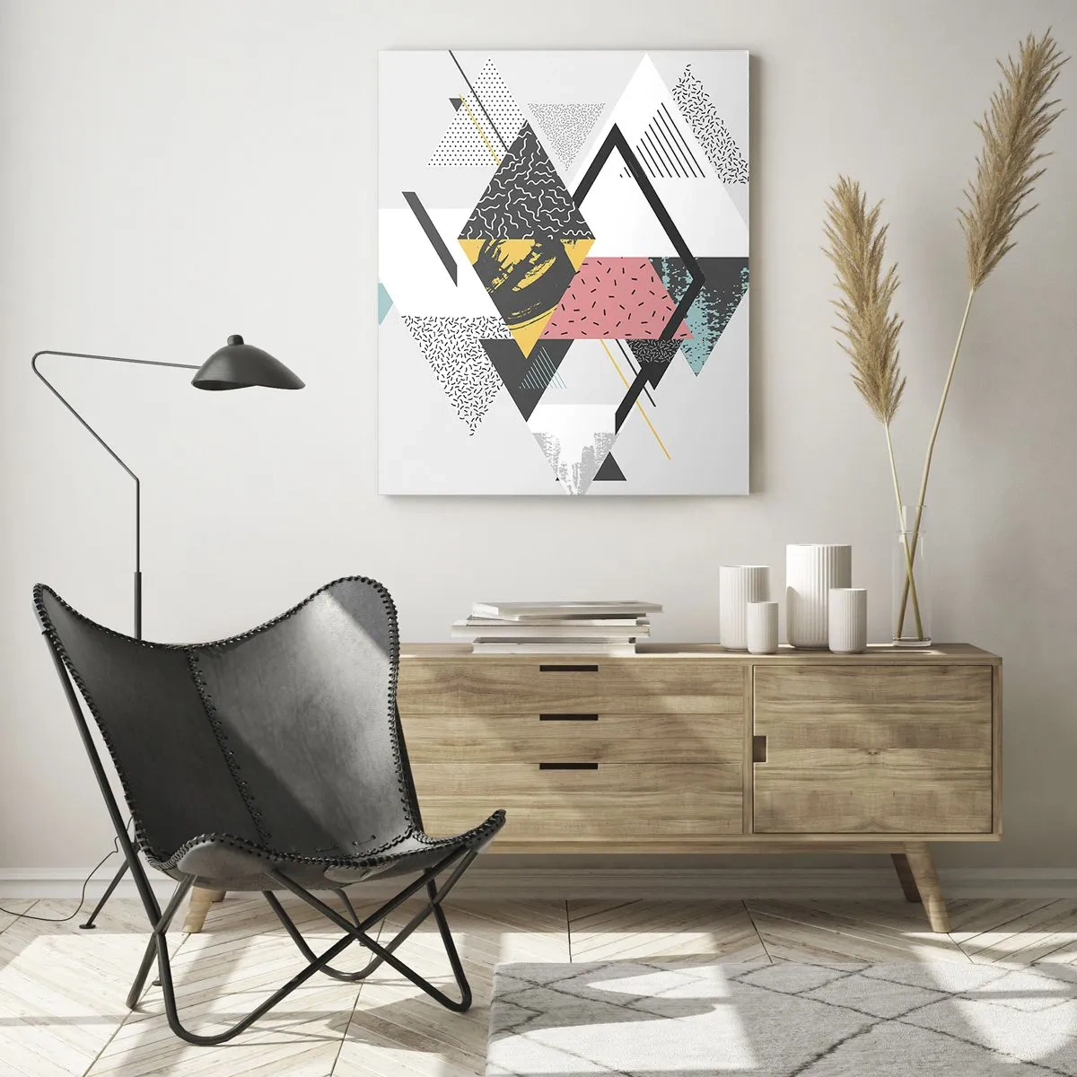Impression sur verre - Image sur verre - Composition géométrique abstraite avec des triangles et des losanges - 50x70cm - Variation sur triangle et losange - Décoration murale moderne pour le salon et la chambre ARTTOR