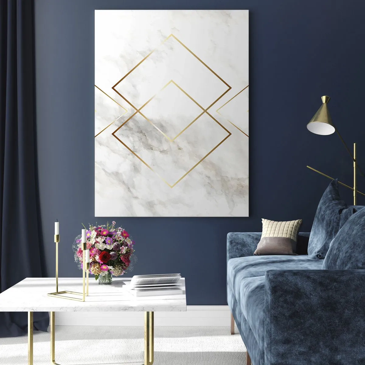 Impression sur verre - Image sur verre - Losanges géométriques dorés sur fond de marbre blanc - 50x70cm - Vue à l'infini - Décoration murale moderne pour le salon et la chambre ARTTOR