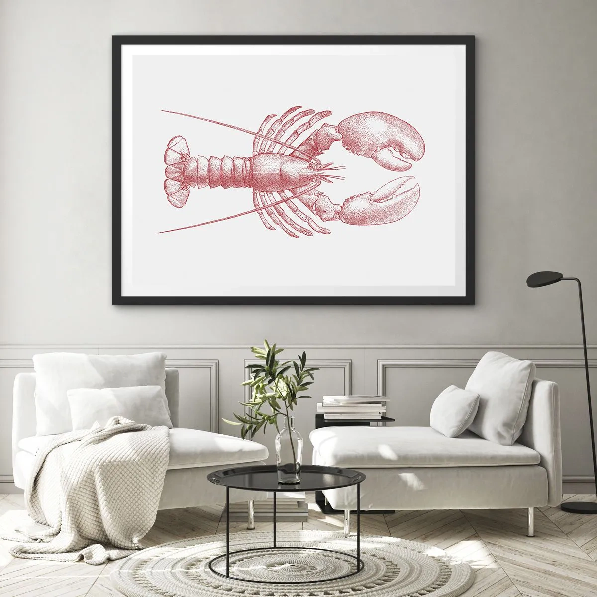 Affiche dans un cadre noir - Poster - Dessin d'un homard dans une teinte rouge - 70x50cm - Un homard digne d'Homère - Décoration murale moderne pour le salon et la chambre ARTTOR