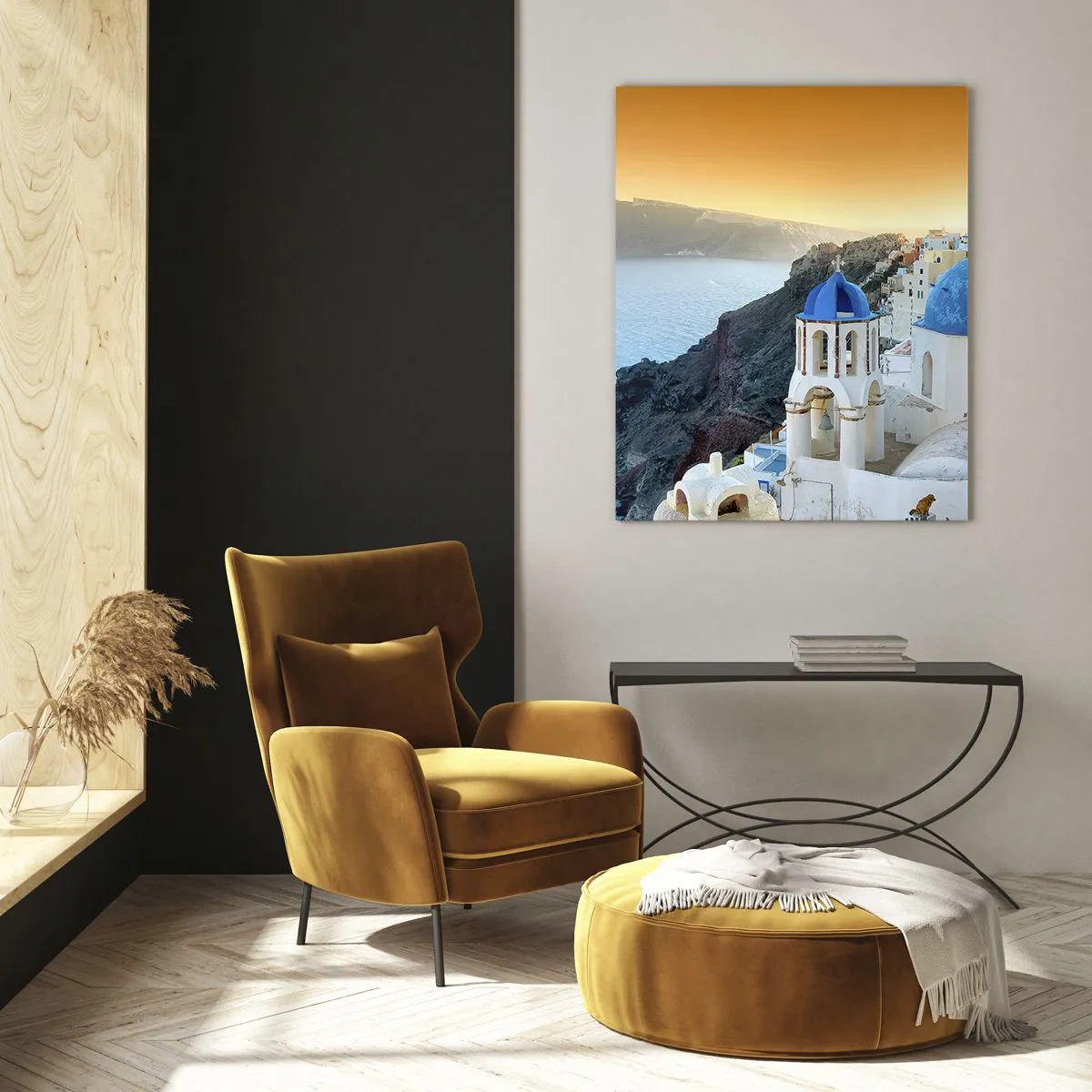 Impression sur verre - Image sur verre - Vue de Santorin avec ses dômes bleus et ses falaises - 50x70cm - Santorin - blotti contre les rochers - Décoration murale moderne pour le salon et la chambre ARTTOR