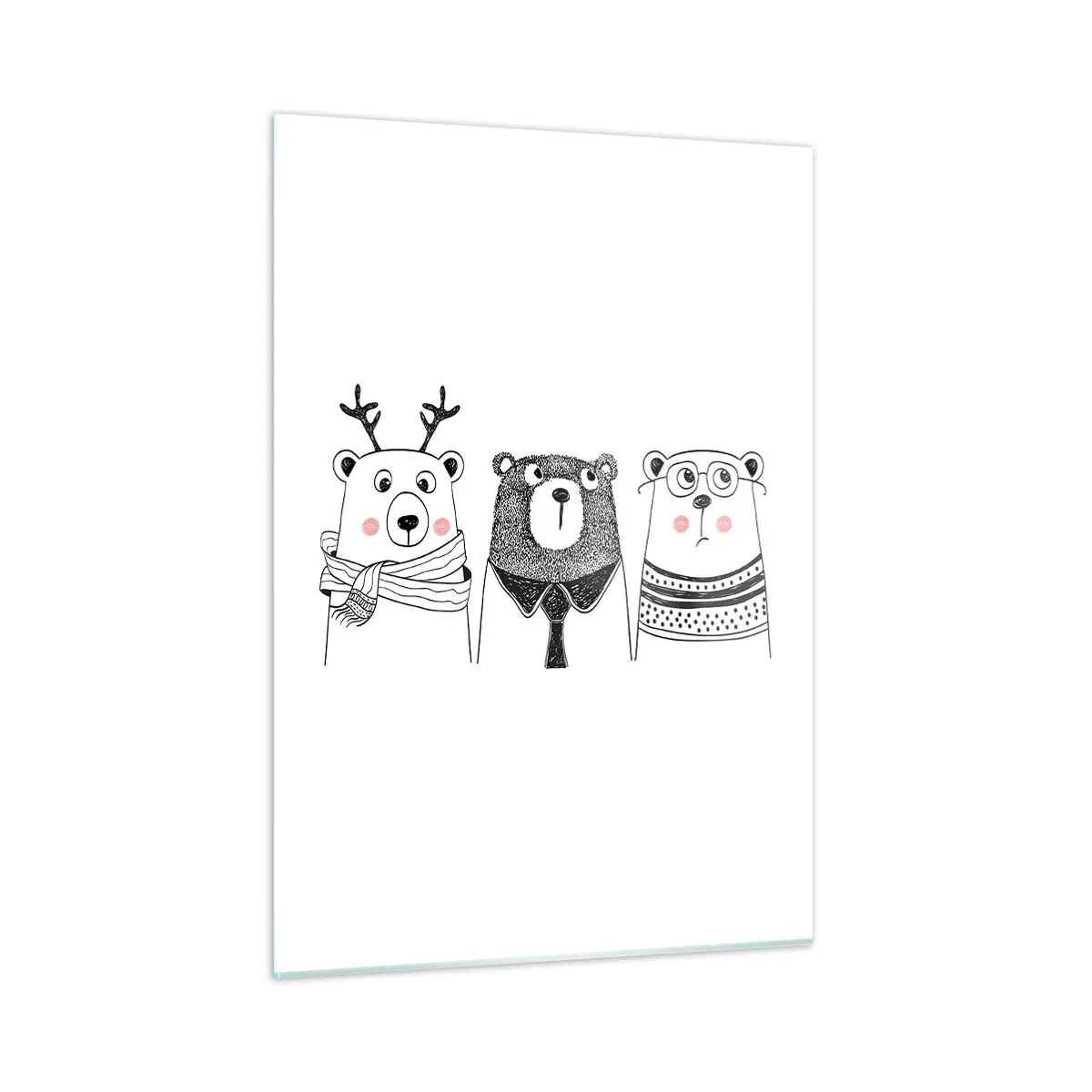 Impression sur verre - Image sur verre - Trois ours drôles dans une illustration en noir et blanc - 50x70cm - Ours en peluche, petit ours en peluche et doudou - Décoration murale moderne pour le salon et la chambre ARTTOR