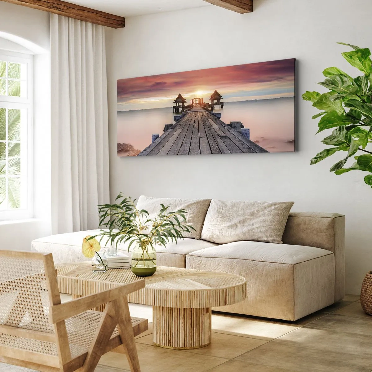 Impression sur toile - Image sur toile - Jetée en bois menant aux belvédères au coucher du soleil - 160x50cm - L'Ouest à l'Est - Décoration murale moderne pour le salon et la chambre ARTTOR
