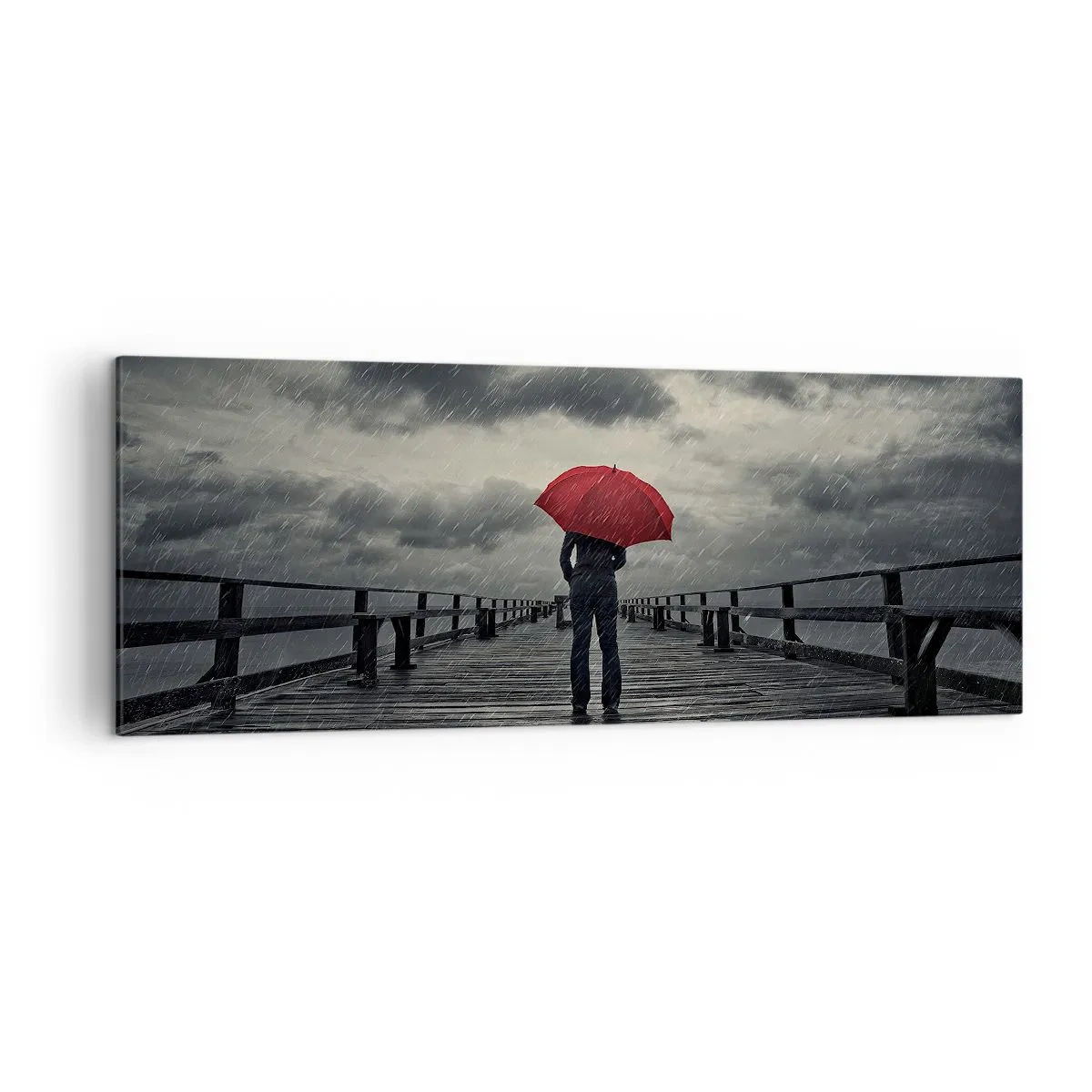 Impression sur toile - Image sur toile - Une personne avec un parapluie rouge sur une jetée pluvieuse - 140x50cm - Peu importe qu'il pleuve - Décoration murale moderne pour le salon et la chambre ARTTOR