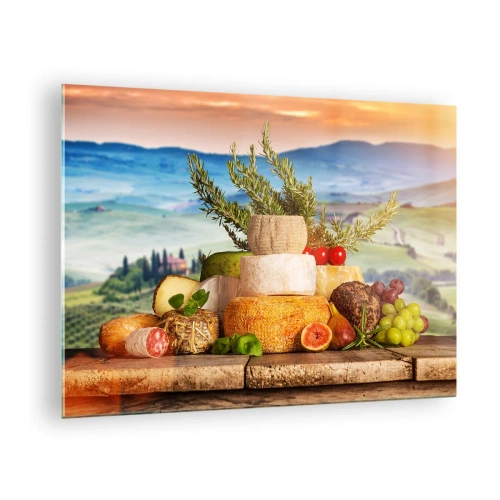 Impression sur verre - Image sur verre - Une composition de fromages et de fruits sur fond de paysage toscan - 70x50cm - La joie de vivre à l'italienne - Décoration murale moderne pour le salon et la chambre ARTTOR