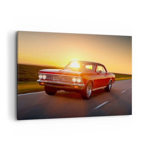 Impression sur toile - Image sur toile - Une voiture rouge au soleil couchant sur une route ouverte - 120x80cm - Le désir est de couleur rouge - Décoration murale moderne pour le salon et la chambre ARTTOR