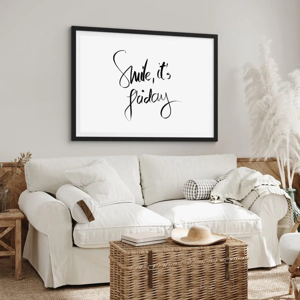 Affiche dans un cadre noir - Poster - Lettrage noir et blanc Souriez, c'est vendredi - 70x50cm - Joie réelle - Décoration murale moderne pour le salon et la chambre ARTTOR