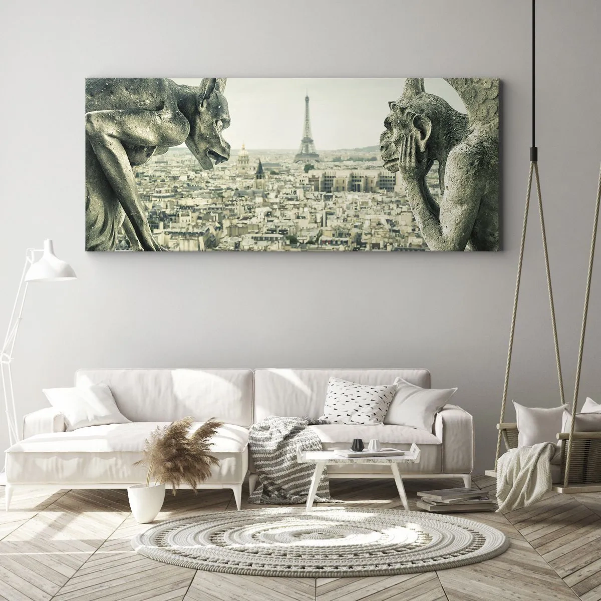 Impression sur toile - Image sur toile - Gargouilles surplombant les toits de Paris et la Tour Eiffel - 160x50cm - Bavardage parisien - Décoration murale moderne pour le salon et la chambre ARTTOR