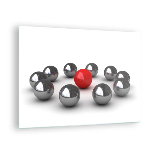 Impression sur verre - Image sur verre - Une boule rouge entourée d'argent sur fond blanc - 70x50cm - Un cercle en argent et rouge - Décoration murale moderne pour le salon et la chambre ARTTOR