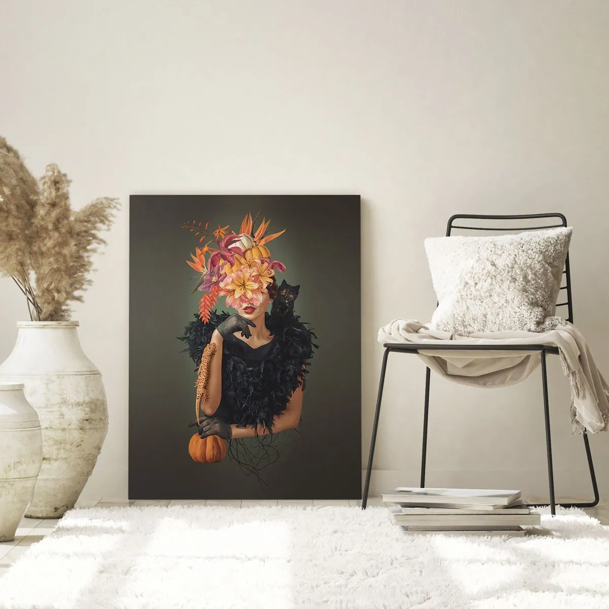 Impression sur verre - Image sur verre - Portrait d'une femme aux motifs d'automne et un chat - 70x100cm - Sort de sorcière - Décoration murale moderne pour le salon et la chambre ARTTOR