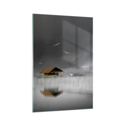 Impression sur verre - Image sur verre - Un chalet solitaire sur l'eau entouré de brouillard et d'oiseaux - 70x100cm - A l'abri de la pluie - Décoration murale moderne pour le salon et la chambre ARTTOR