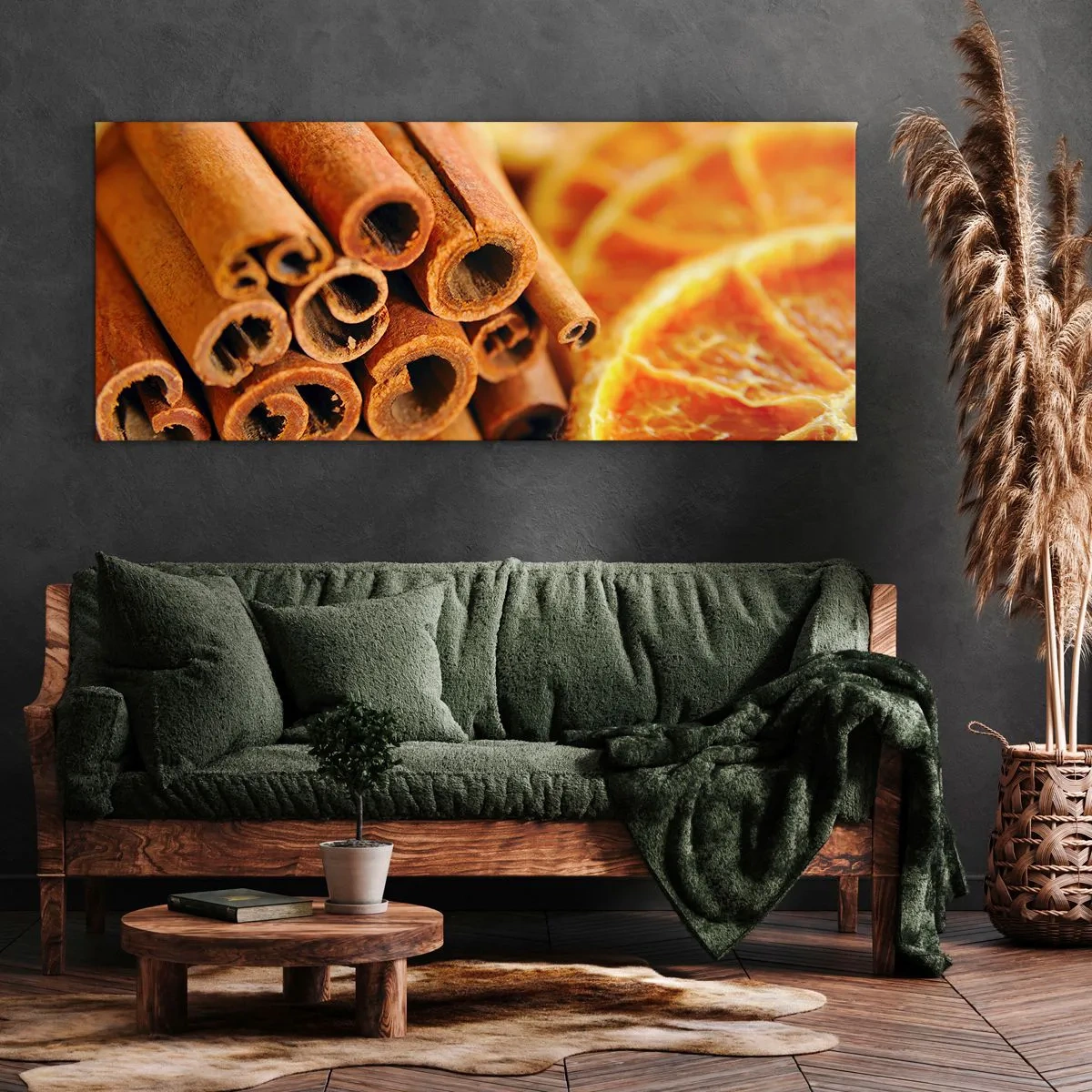 Impression sur toile - Image sur toile - Bâtons de cannelle avec des tranches d'orange séchées aux couleurs chaudes - 140x50cm - Sentez-vous leurs odeurs? - Décoration murale moderne pour le salon et la chambre ARTTOR