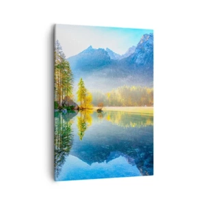 Impression sur toile - Image sur toile - Un lac entouré de montagnes et de forêts sous les rayons du soleil - 50x70cm - Majesté et douceur - Décoration murale moderne pour le salon et la chambre ARTTOR