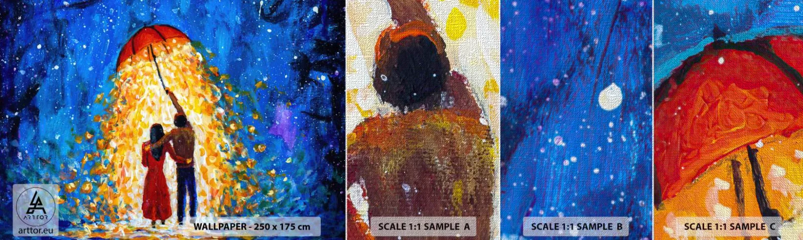 Échantillon de Papier Peint Premium Canvas - La magie d'une soirée pluvieuse ? - Romantique, Couple, Amour - 100x30 cm