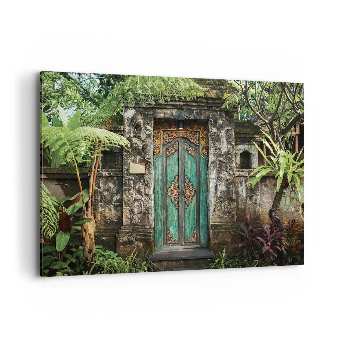 Impression sur toile - Image sur toile - Portes décoratives entourées de végétation tropicale - 100x70cm - Porte vers un monde exotique - Décoration murale moderne pour le salon et la chambre ARTTOR
