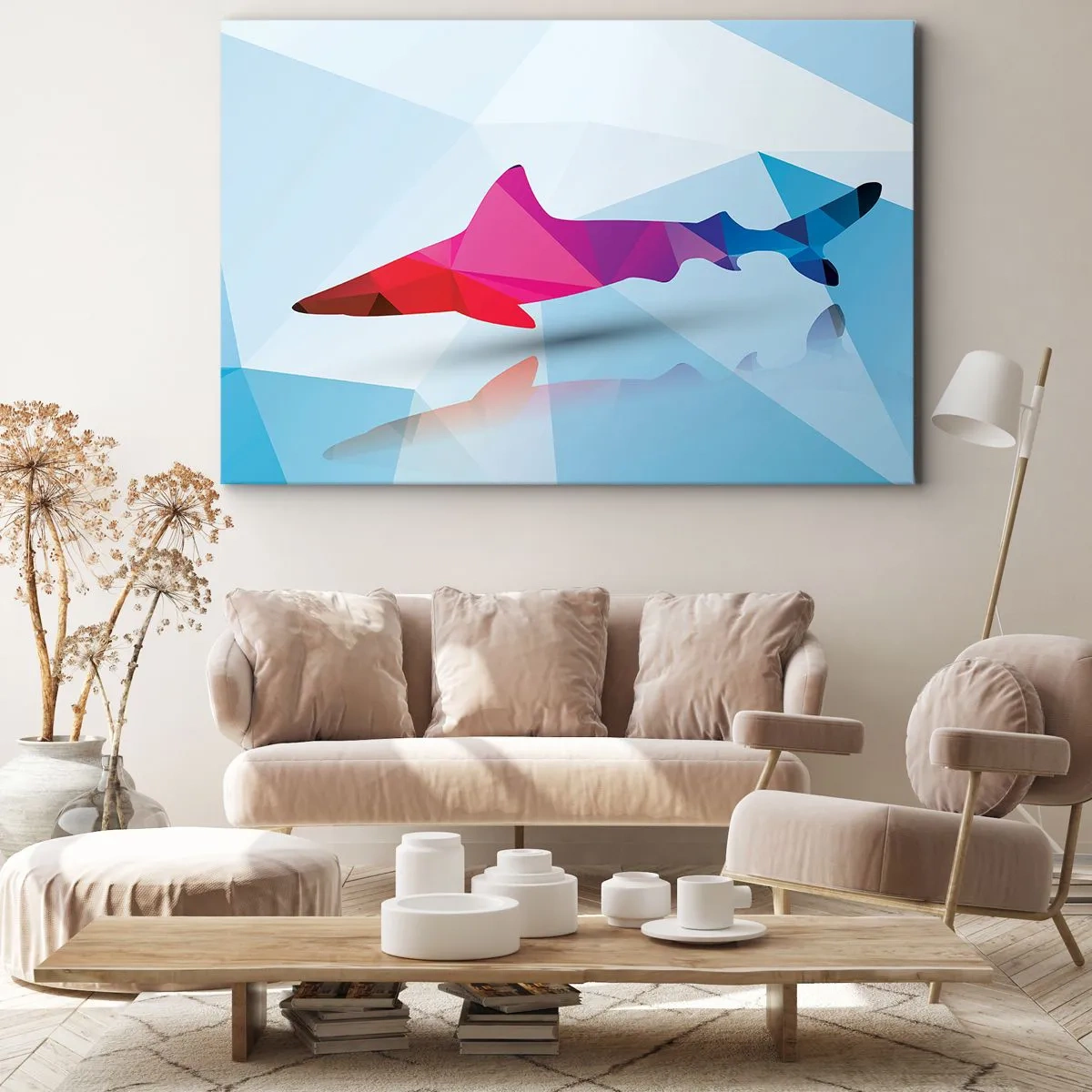 Impression sur toile - Image sur toile - Silhouette de requin géométrique dans les tons rose et bleu - 100x70cm - Un requin dans un espace de cristal - Décoration murale moderne pour le salon et la chambre ARTTOR