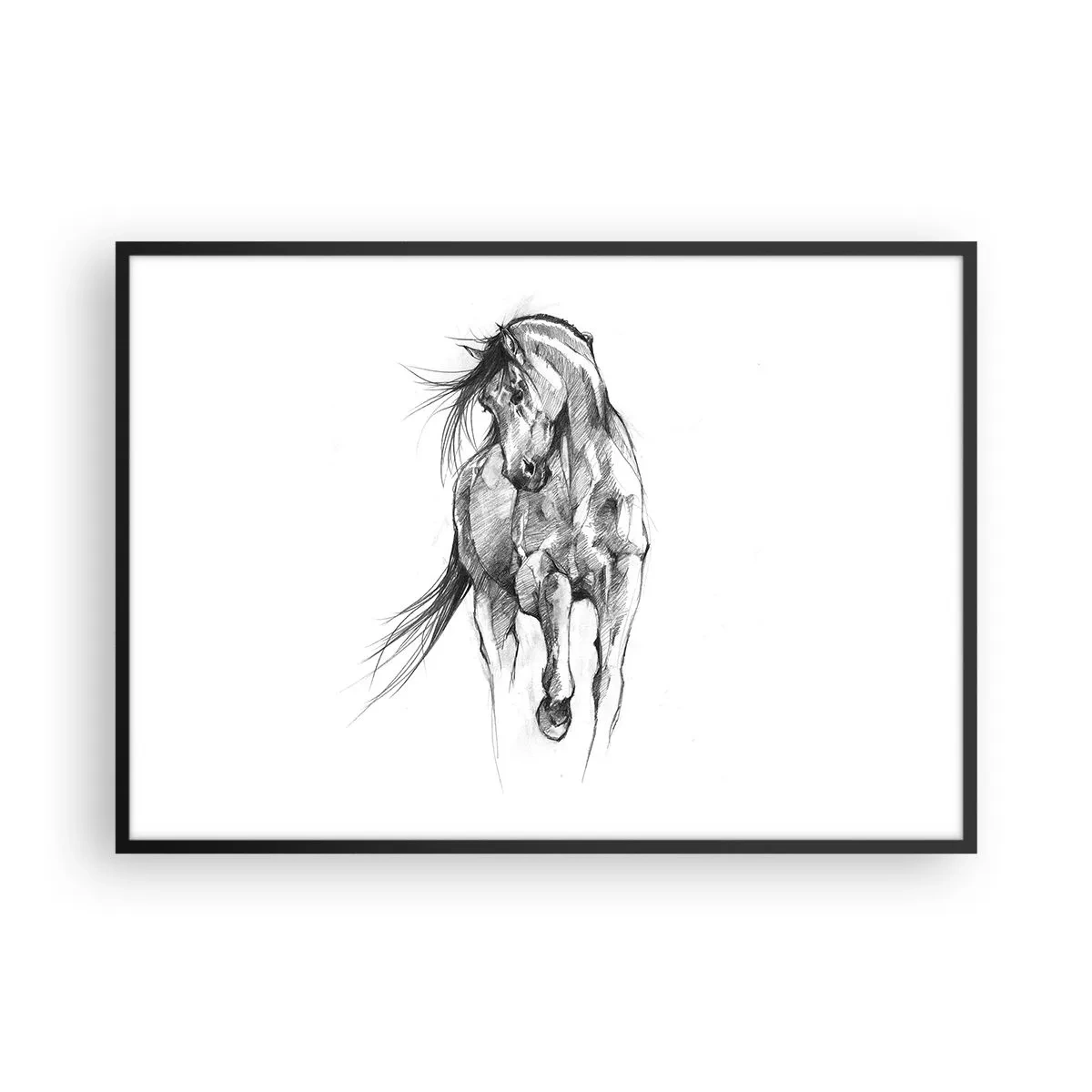Affiche dans un cadre noir - Poster - Croquis en noir et blanc d'un cheval au galop - 100x70cm - D'un trot gracieux - Décoration murale moderne pour le salon et la chambre ARTTOR