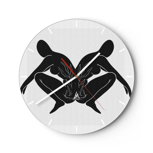 Horloge murale - Pendule murale - Figures symétriques en noir formant un cœur avec du feu au centre sur un fond clair. - 30x30cm - Une âme commune - Décoration murale moderne pour le salon, la cuisine et la chambre ARTTOR