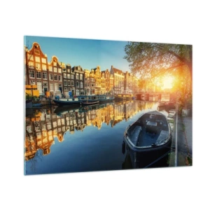 Impression sur verre - Image sur verre - Canal d'Amsterdam au coucher du soleil - 100x70cm - Début de journée à Amsterdam - Décoration murale moderne pour le salon et la chambre ARTTOR