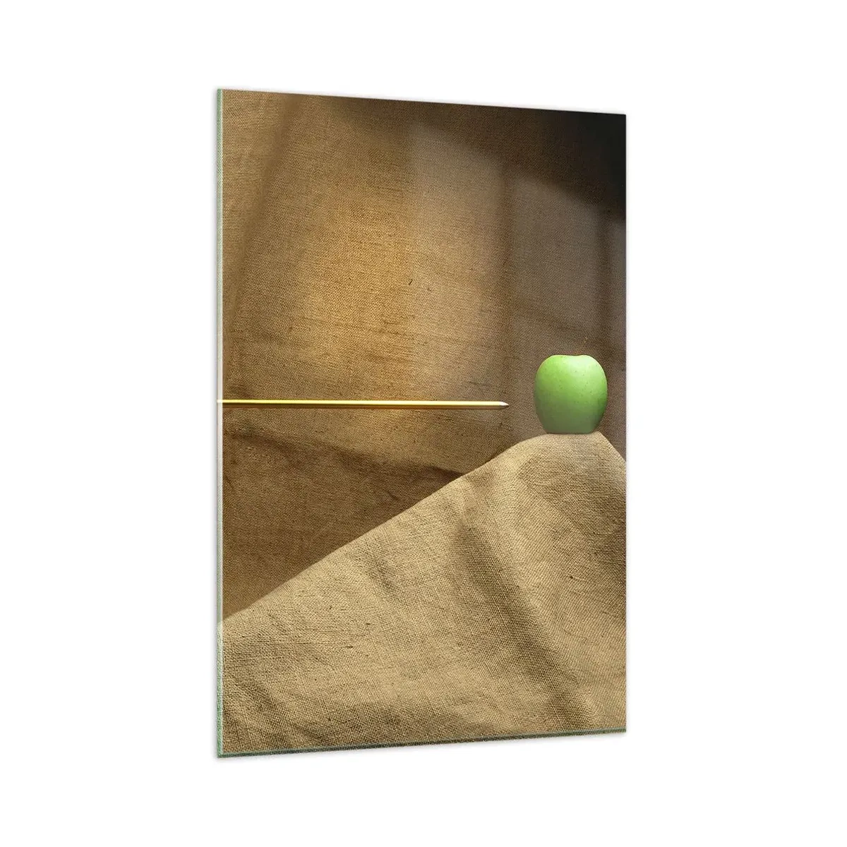 Impression sur verre - Image sur verre - Pomme verte sur tissu avec une flèche créant une composition - 80x120cm - Invoquer l'esprit de Guillaume Tell - Décoration murale moderne pour le salon et la chambre ARTTOR