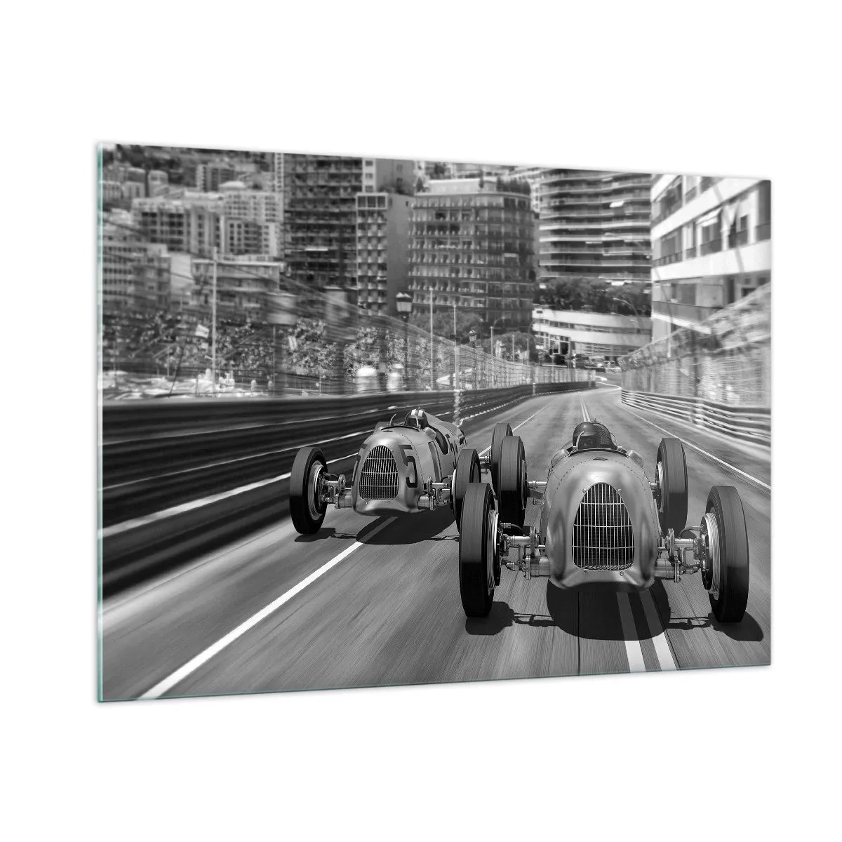 Impression sur verre - Image sur verre - Course automobile historique en noir et blanc - 100x70cm - Il y a longtemps à Monté Carlo - Décoration murale moderne pour le salon et la chambre ARTTOR