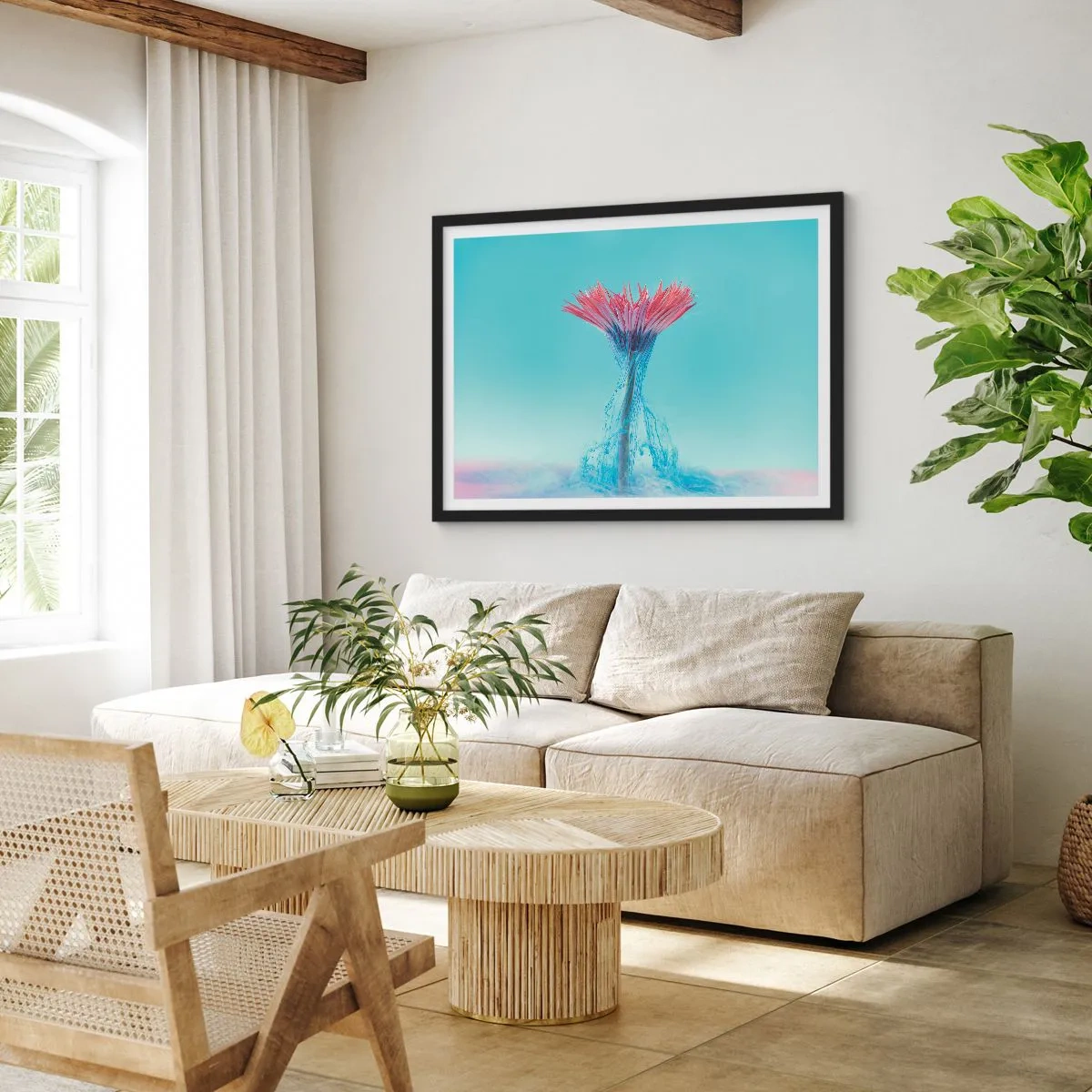 Affiche dans un cadre noir - Poster - Une fleur rose et bleue dans un arrangement artistique sur un fond pastel - 100x70cm - Dans une étreinte vivifiante - Décoration murale moderne pour le salon et la chambre ARTTOR