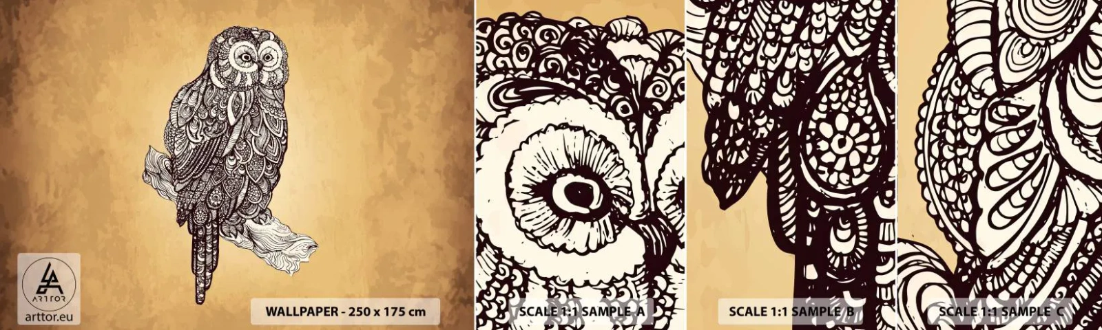 Échantillon de Papier Peint Autocollant Deluxe Sticker - Ornements complexes de sagesse - Hibou, Oiseau, Animal - 100x30 cm