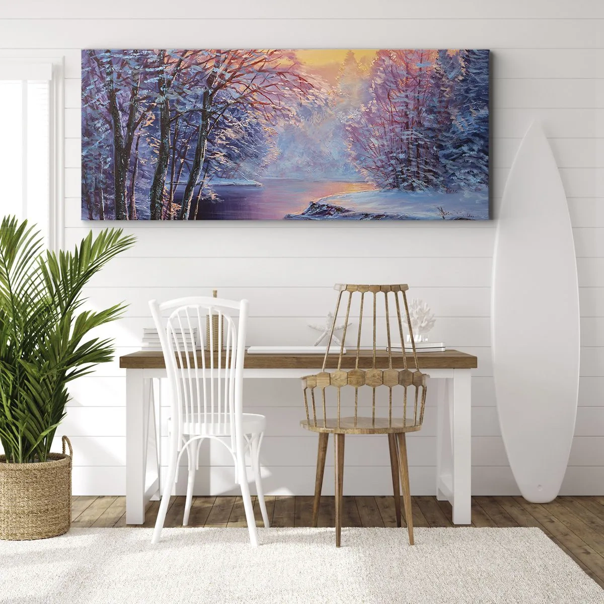 Impression sur toile - Image sur toile - Paysage d'hiver avec rivière et arbres au lever du soleil - 120x50cm - Couleurs d'hiver - Décoration murale moderne pour le salon et la chambre ARTTOR