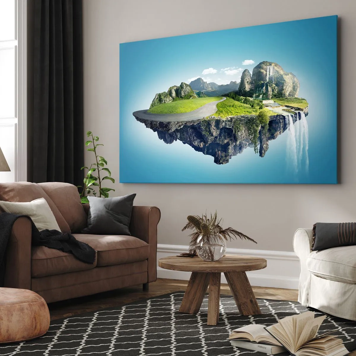 Impression sur toile - Image sur toile - Une île flottante avec des montagnes et des cascades - 100x70cm - Île fantastique - Décoration murale moderne pour le salon et la chambre ARTTOR