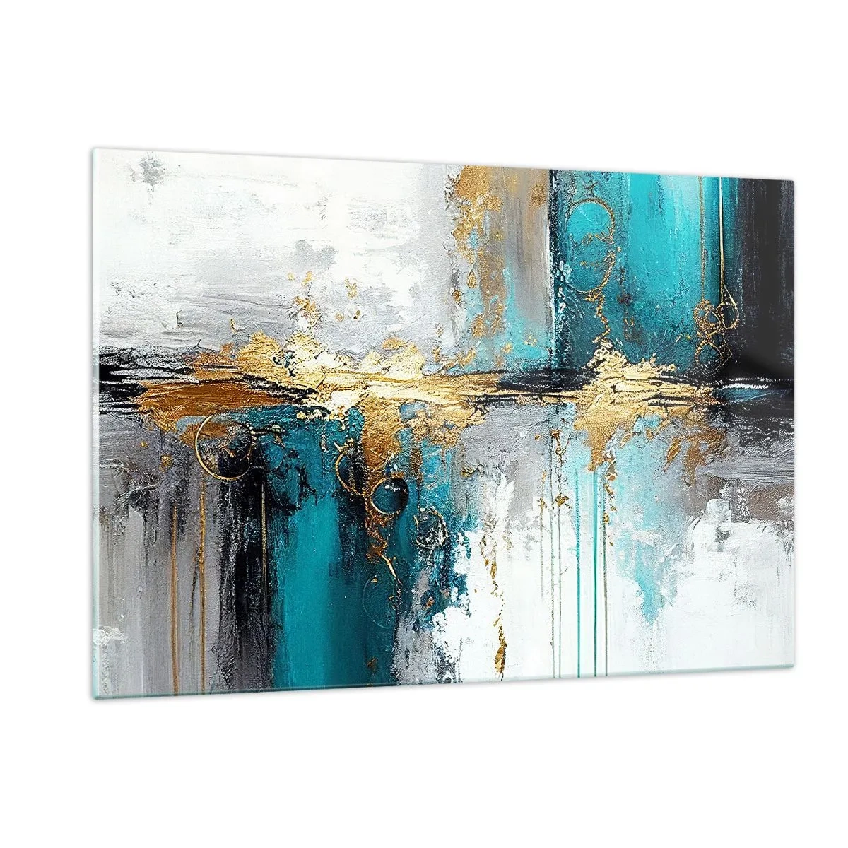 Impression sur verre - Image sur verre - Abstraction avec turquoise et or sur fond blanc - 120x80cm - Tout coule - Décoration murale moderne pour le salon et la chambre ARTTOR