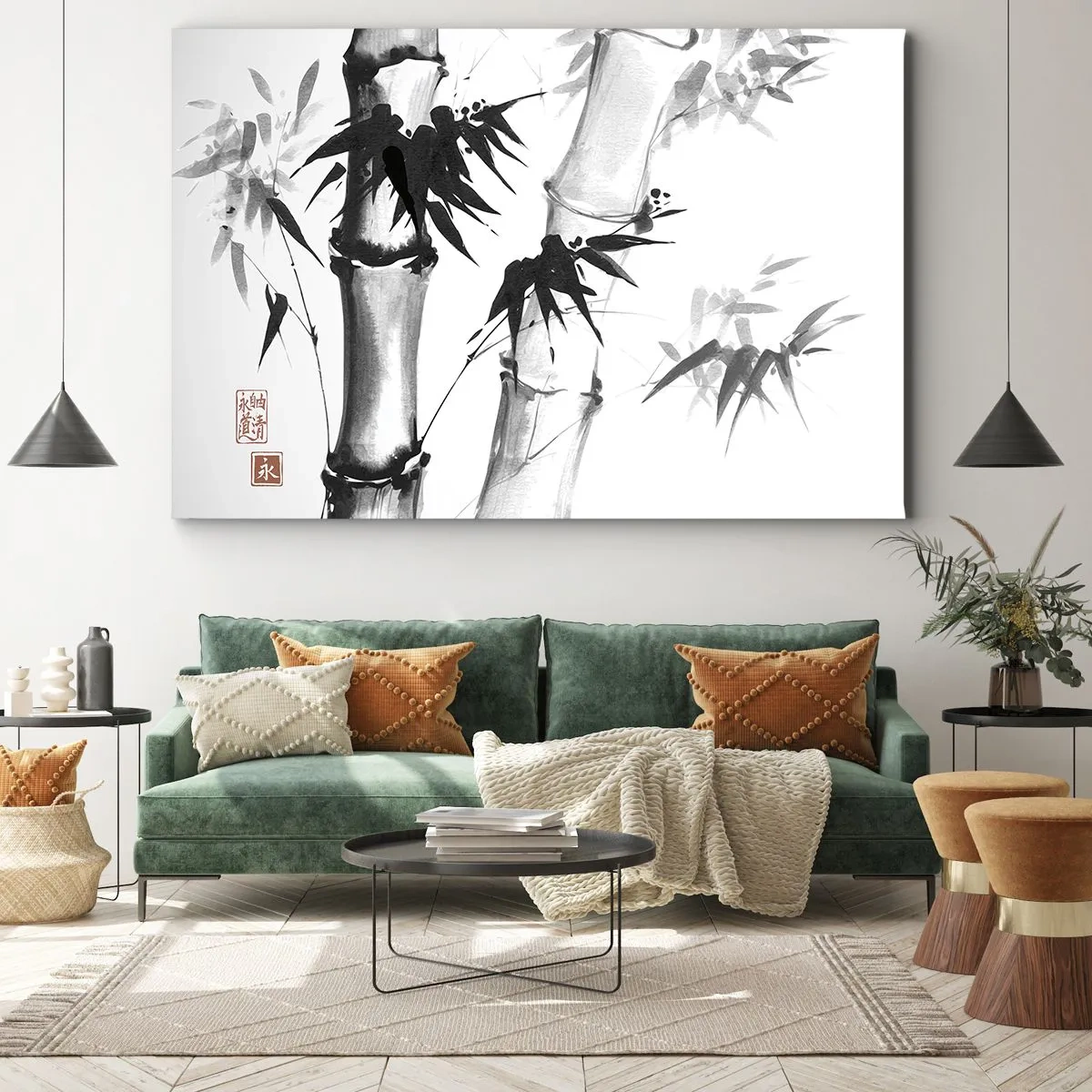 Impression sur toile - Image sur toile - Bambou aquarelle de style japonais sur fond blanc - 120x80cm - Gros plan sur l'orient - Décoration murale moderne pour le salon et la chambre ARTTOR