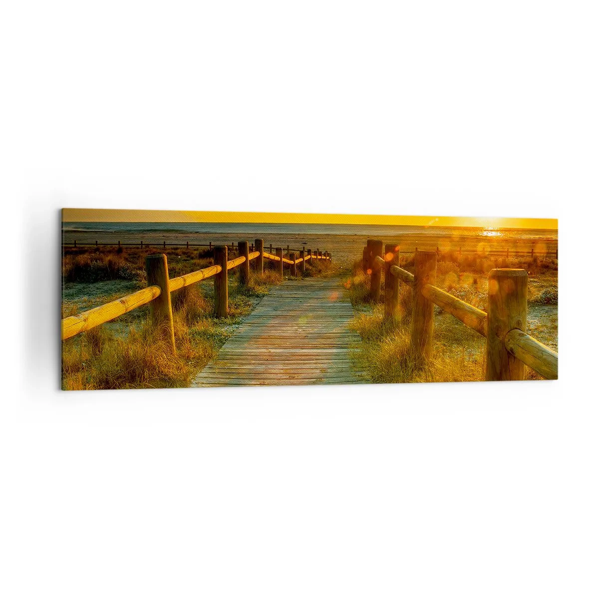Impression sur toile - Image sur toile - Un chemin en bois menant à la plage à la lueur du soleil couchant - 160x50cm - Baigné dans le vieil or - Décoration murale moderne pour le salon et la chambre ARTTOR