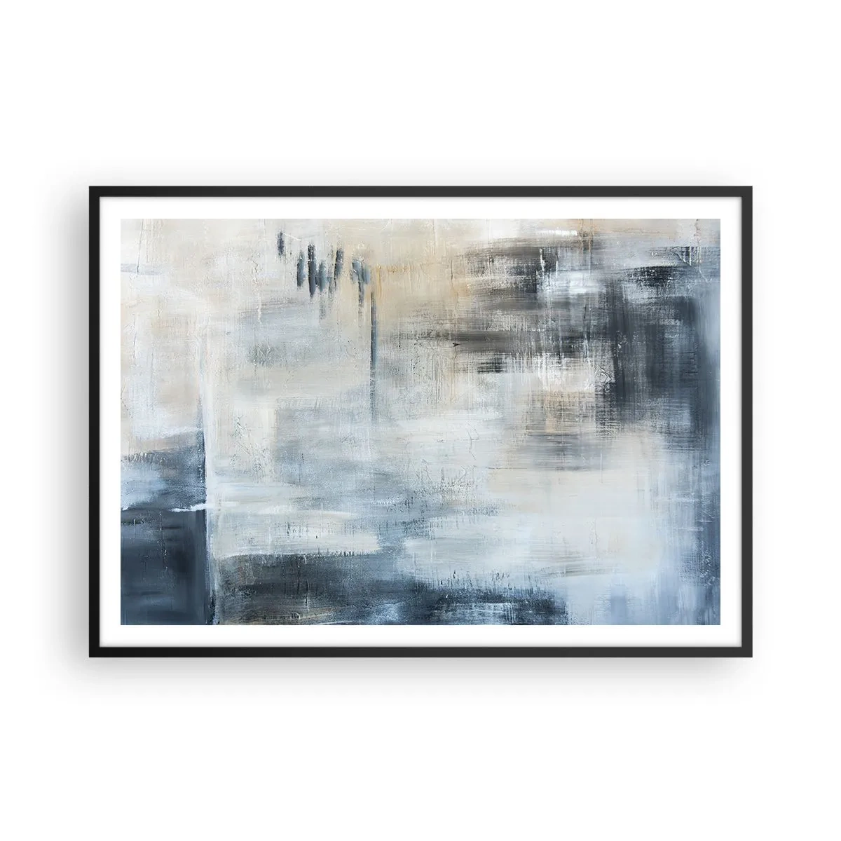 Affiche dans un cadre noir - Poster - Composition abstraite dans les tons de bleu et de gris - 100x70cm - Derrière le rideau bleu - Décoration murale moderne pour le salon et la chambre ARTTOR