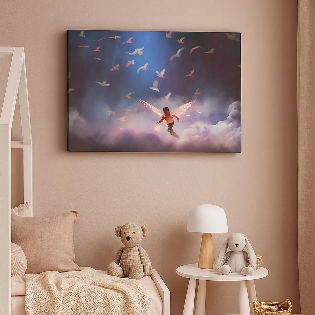 Impression sur toile - Image sur toile - Une figure avec des ailes d'ange flottant parmi les oiseaux dans le ciel - 70x50cm - Il faut de l'imagination et du courage - Décoration murale moderne pour le salon et la chambre ARTTOR