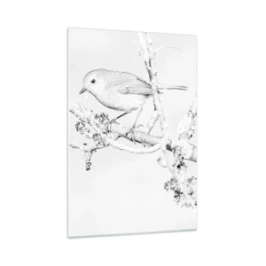 Impression sur verre - Image sur verre - Oiseau sur une branche en noir et blanc avec un style minimaliste - 70x100cm - Matin d'hiver - Décoration murale moderne pour le salon et la chambre ARTTOR