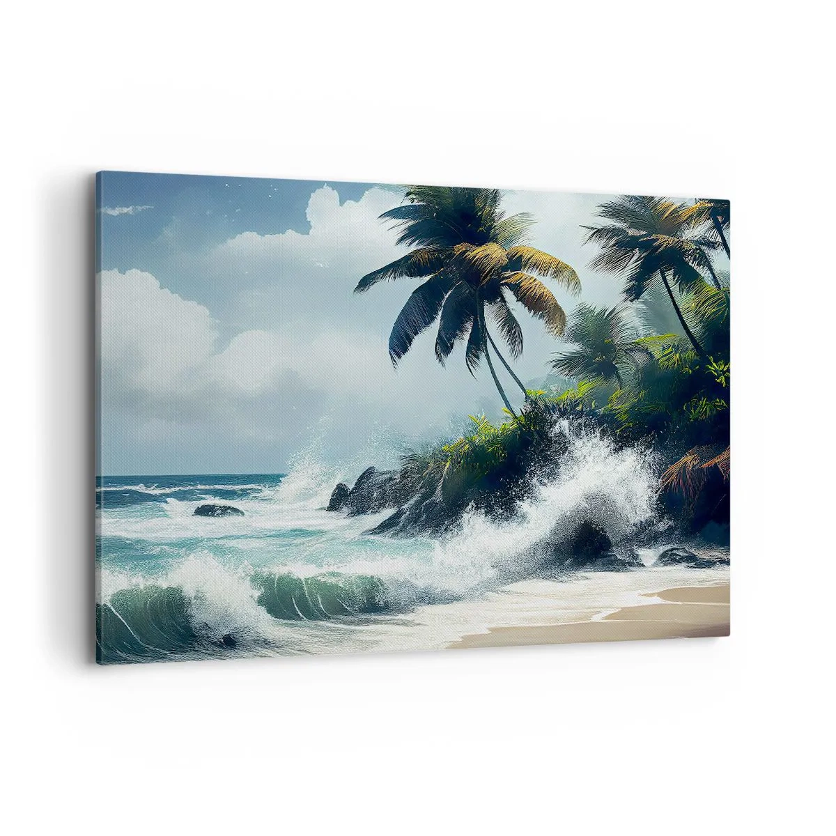 Impression sur toile - Image sur toile - Rivage tropical avec palmiers et mer agitée - 100x70cm - Sur une côte tropicale - Décoration murale moderne pour le salon et la chambre ARTTOR