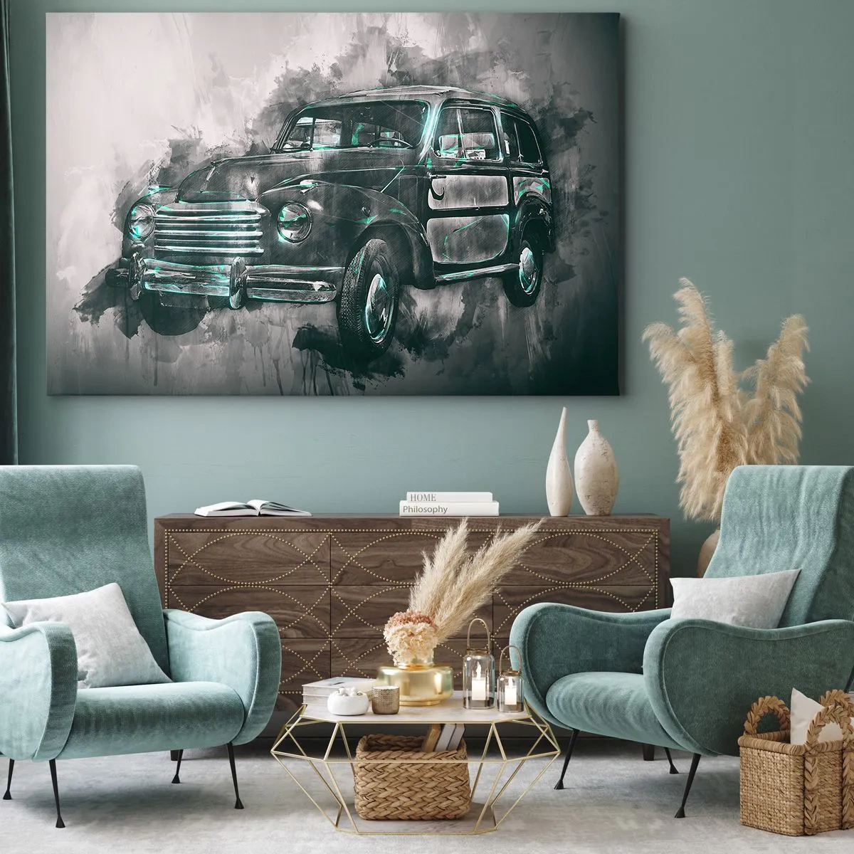 Impression sur toile - Image sur toile - Une voiture rétro classique avec un décor artistique - 70x50cm - Ancêtre respecté - Décoration murale moderne pour le salon et la chambre ARTTOR