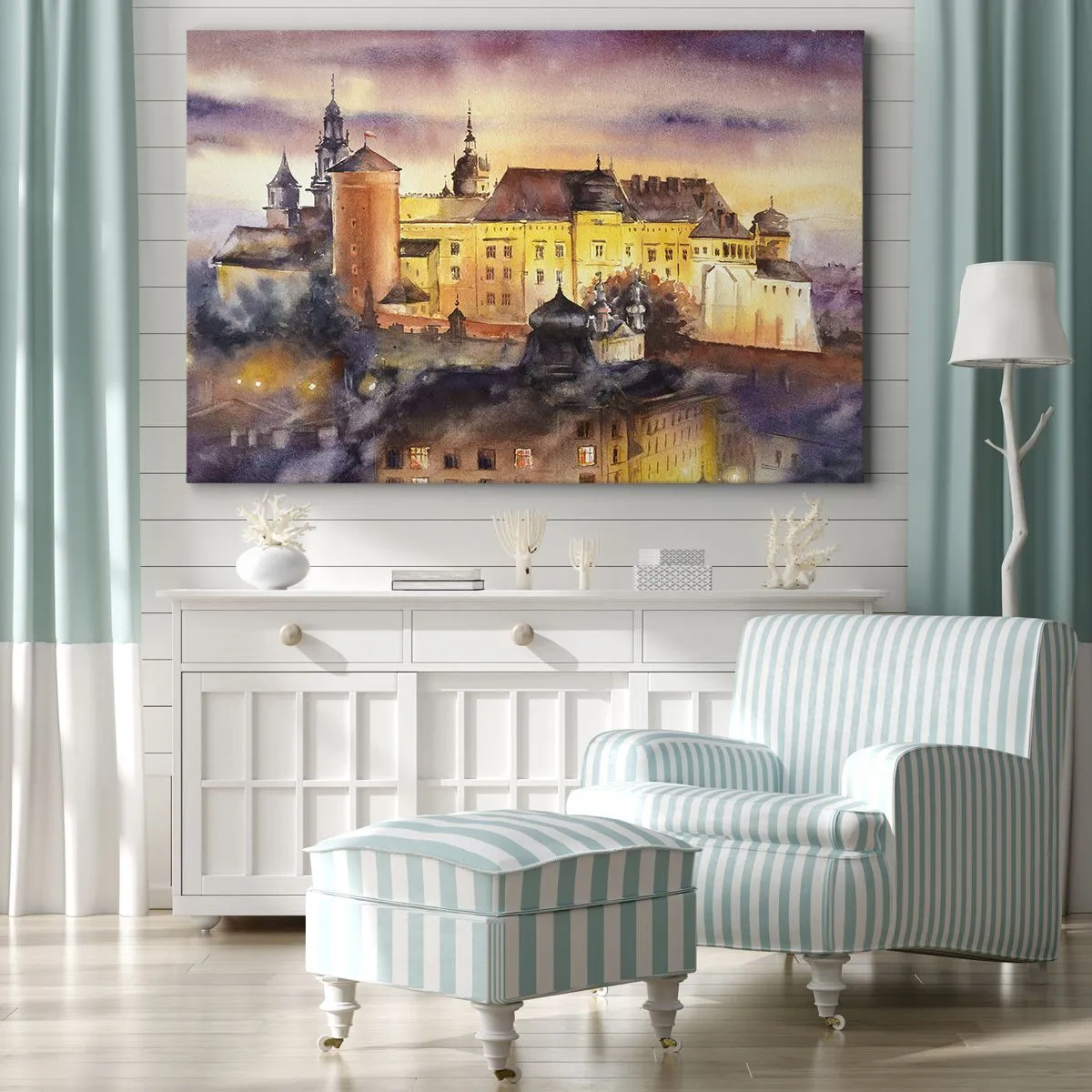 Impression sur toile - Image sur toile - Une aquarelle pittoresque d'un château au coucher du soleil - 70x50cm - Histoire et conte de fées - Décoration murale moderne pour le salon et la chambre ARTTOR