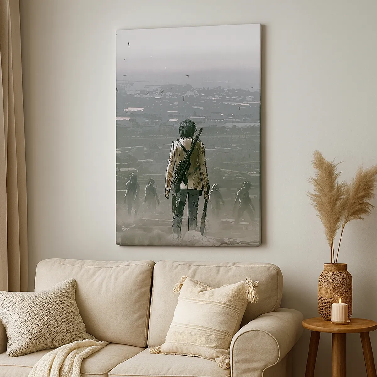 Impression sur toile - Image sur toile - Une silhouette avec une arme se tient devant un groupe dans un paysage dystopique. - 50x70cm - Dernier samaritain ? - Décoration murale moderne pour le salon et la chambre ARTTOR