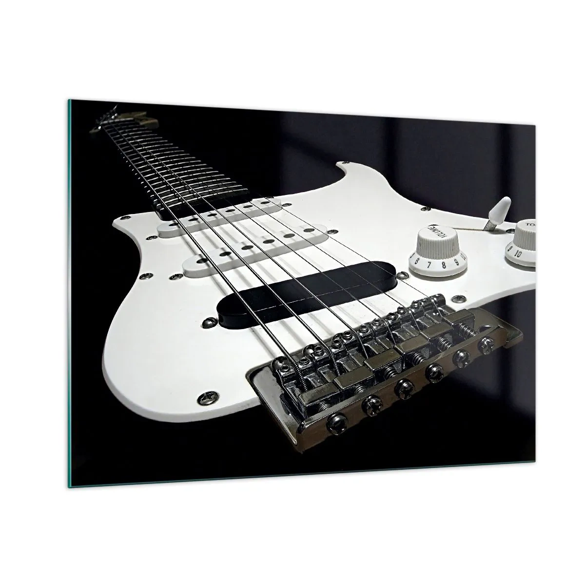 Impression sur verre - Image sur verre - Gros plan d'une guitare électrique blanche sur un fond sombre - 100x70cm - Son caché en blanc - Décoration murale moderne pour le salon et la chambre ARTTOR