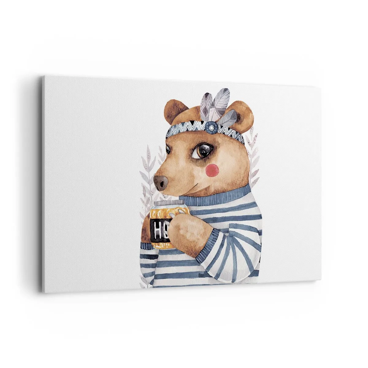 Impression sur toile - Image sur toile - Un ours en peluche dans un pull rayé avec une tasse de miel - 120x80cm - Un nounours trop mignon - Décoration murale moderne pour le salon et la chambre ARTTOR